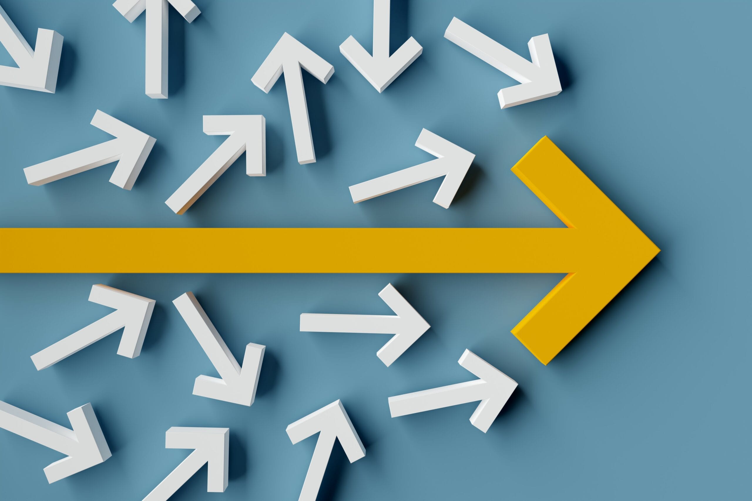 Many arrows pointing in different directions with one arrow show