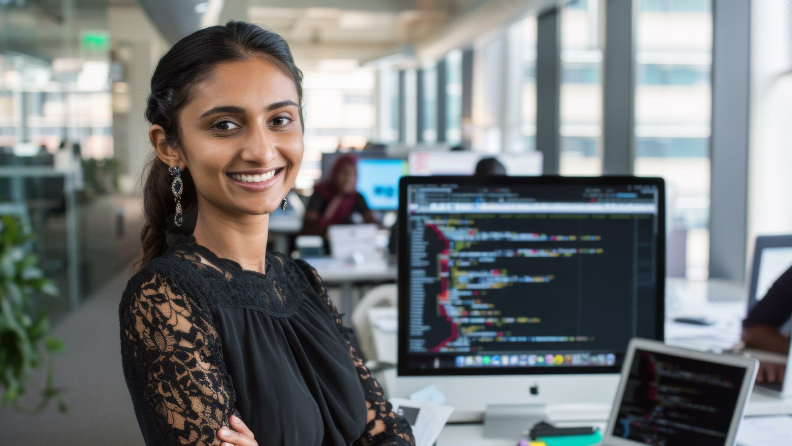 Portrait of a smiling young woman standing in an office. AI