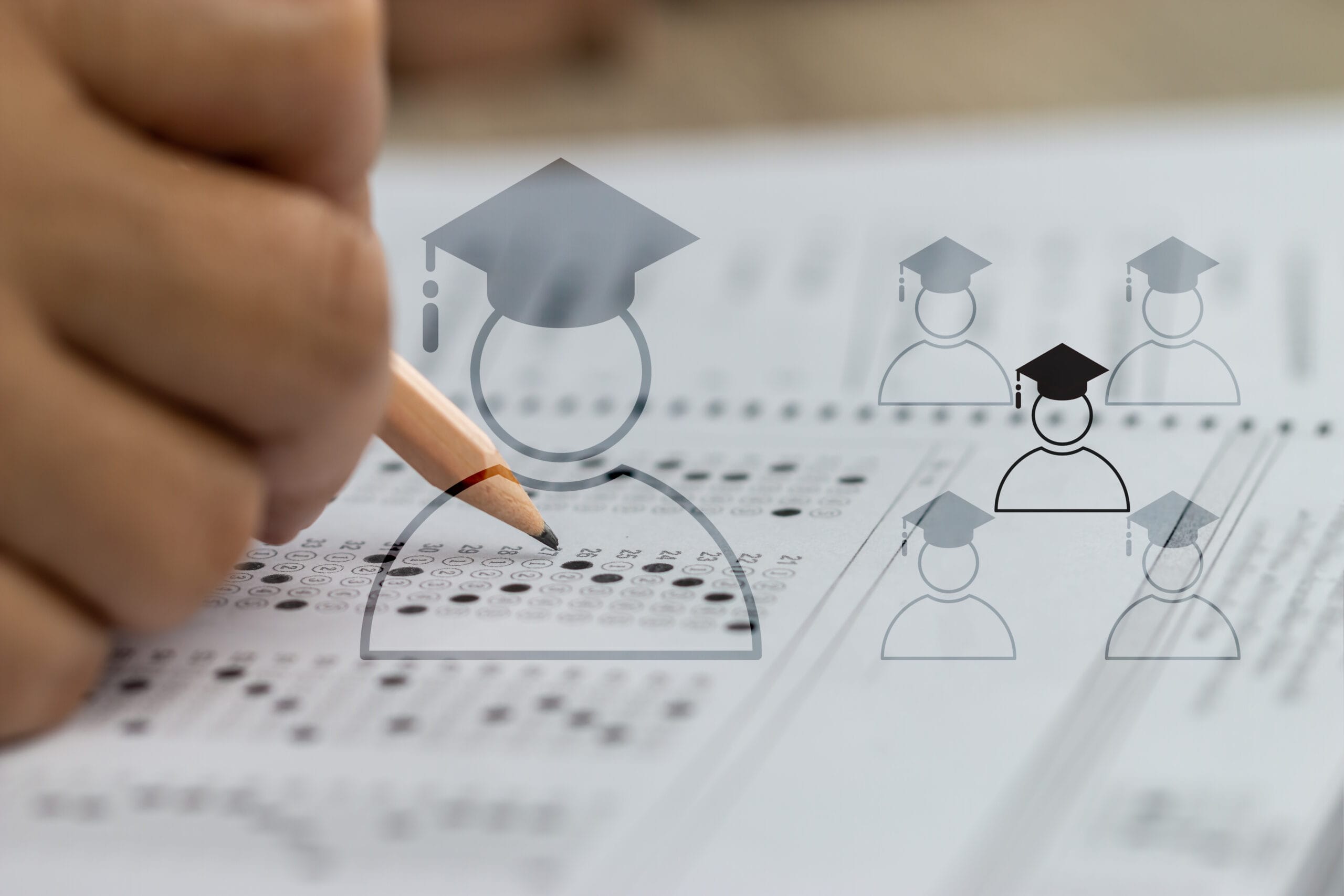 Education school test concept : Hands student holding pencil for testing exams writing answer sheet or exercise for taking fill in admission exam multiple carbon paper computer at university classroom