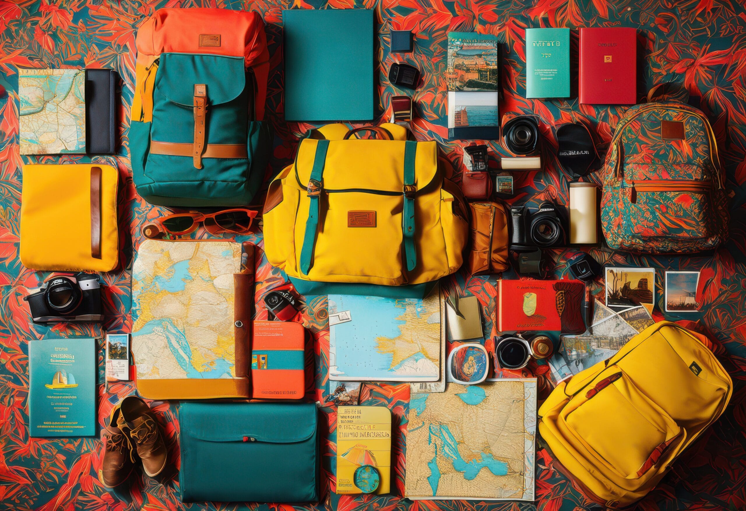 creative display vibrant travel essentials study abroad experience bright colors organized arrangement, packing, list, trip, checklist, journey