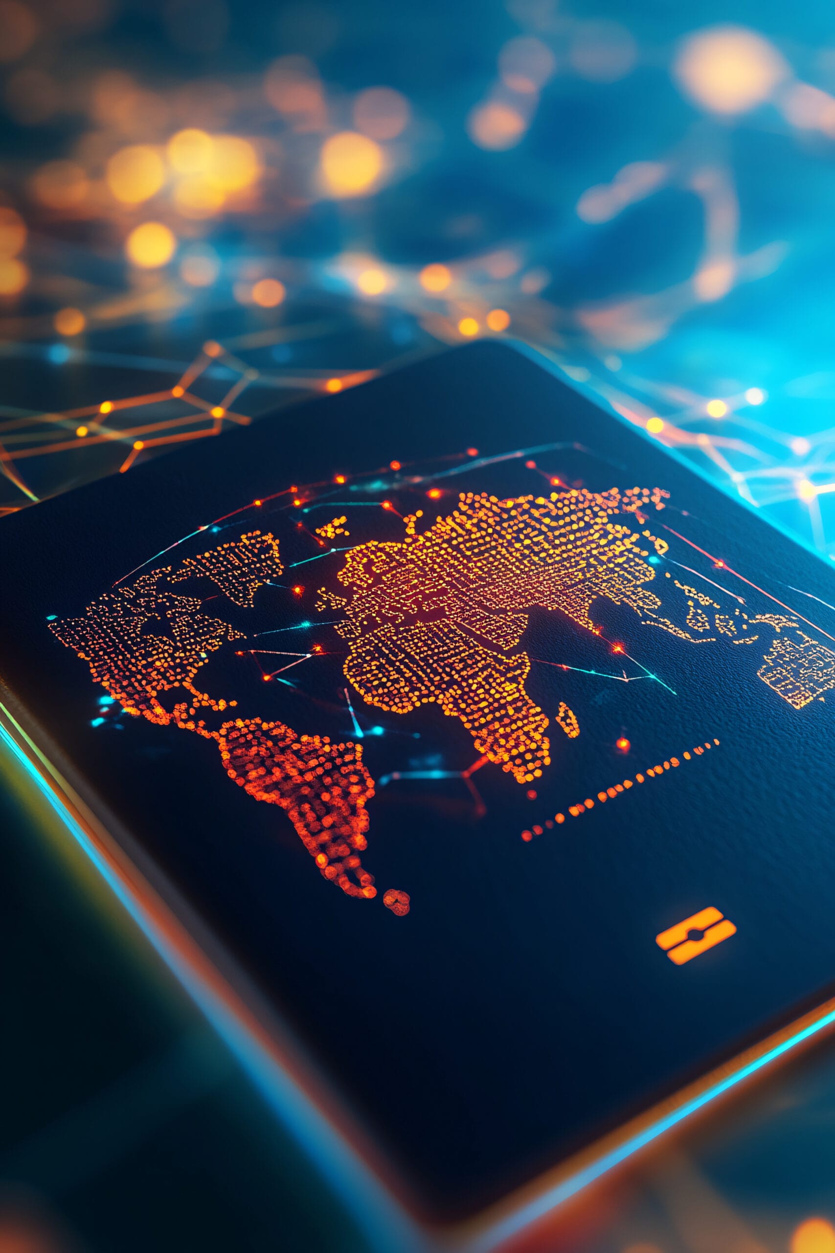 A glowing passport icon with travel data points, representing online visa processing, digital travel documents, and global mobility platforms